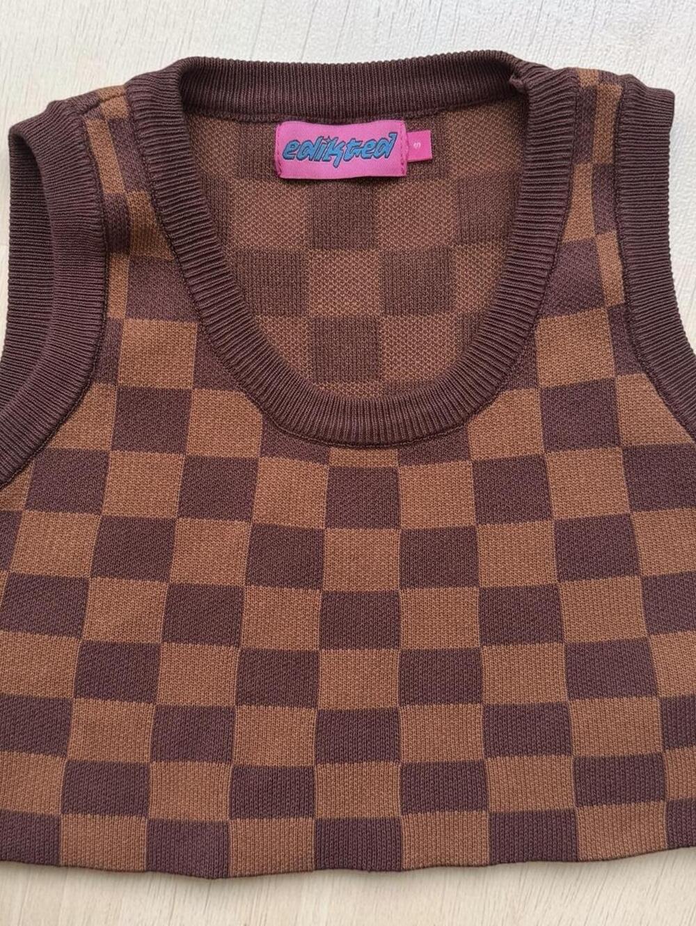 Edikted Brown Checkerboard Knit Sweater Tank Crop Top Y2K Size Small